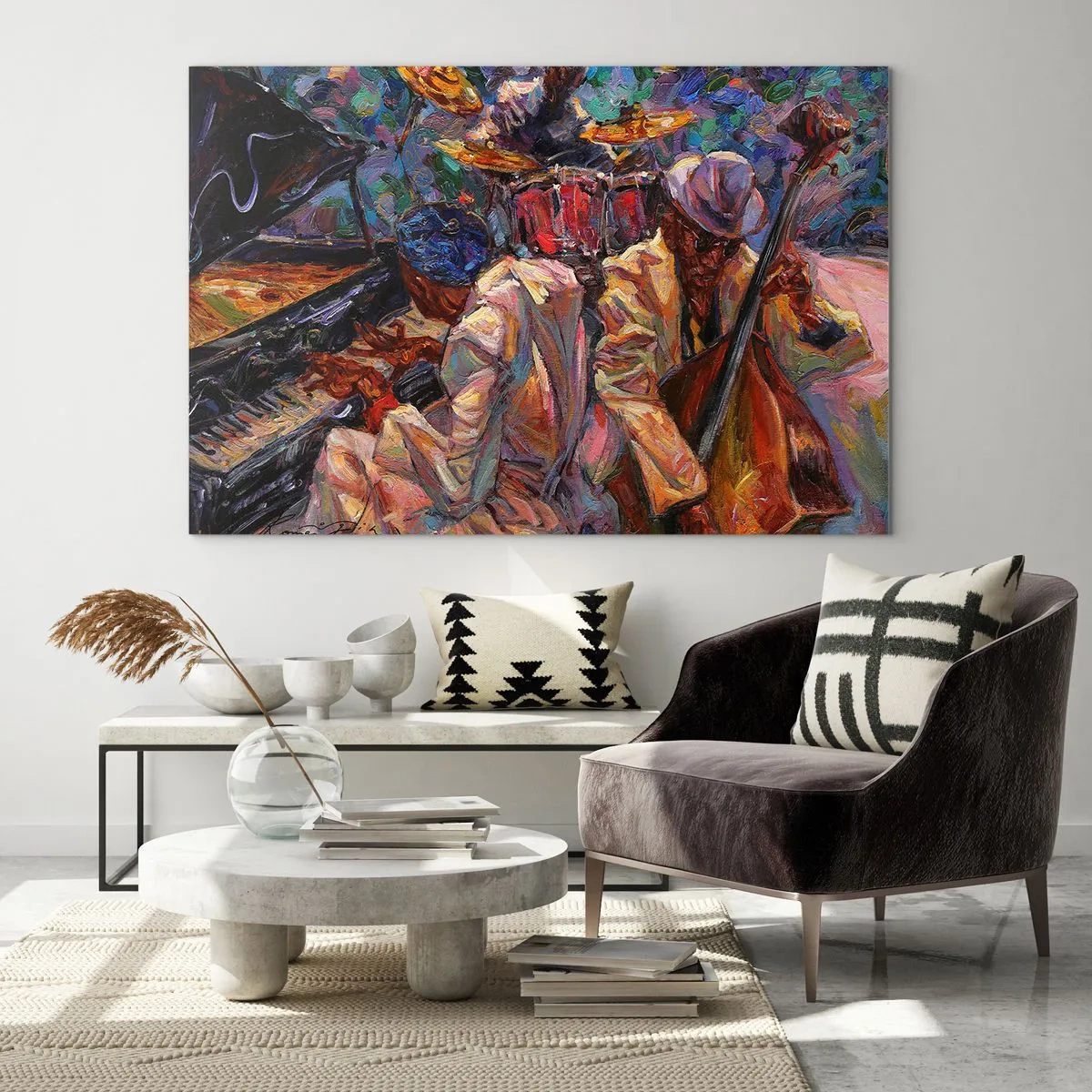 Impression sur verre - Image sur verre - Une scène de jazz colorée avec des musiciens et des instruments - 120x80cm - Dans le même tempo - Décoration murale moderne pour le salon et la chambre ARTTOR