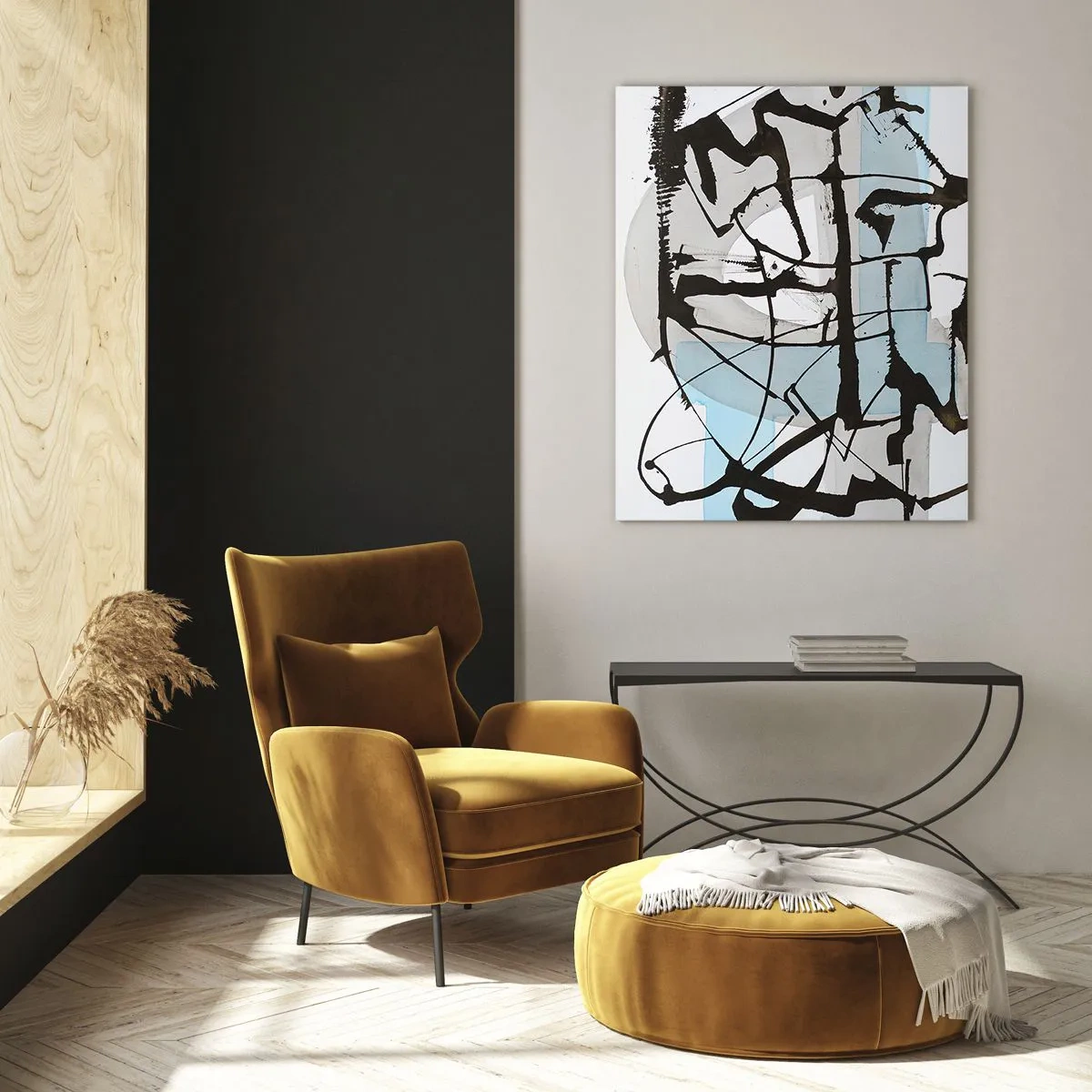 Impression sur verre - Image sur verre - Composition abstraite avec un croquis noir et des taches bleues - 50x70cm - Bleu malgré tout - Décoration murale moderne pour le salon et la chambre ARTTOR