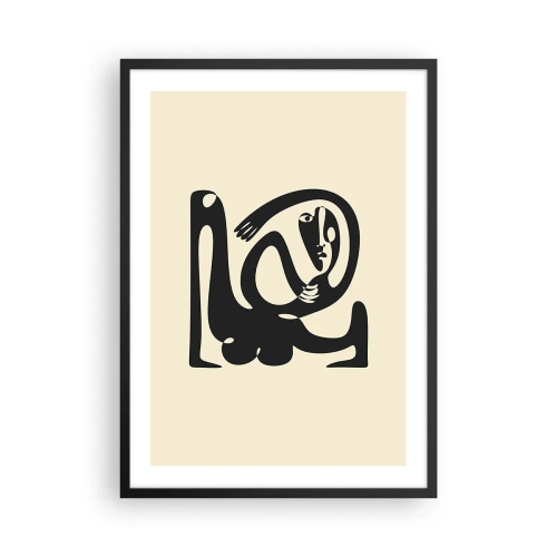Affiche dans un cadre noir - Poster - Figure abstraite sur fond beige avec des lignes noires - 50x70cm - Presque du Picasso - Décoration murale moderne pour le salon et la chambre ARTTOR