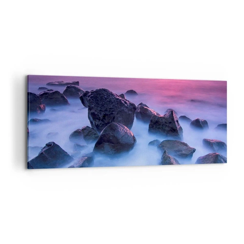 Impression sur toile - Image sur toile - Côte rocheuse au coucher du soleil - 120x50cm - Naissance dans la lumière et le brouillard - Décoration murale moderne pour le salon et la chambre ARTTOR