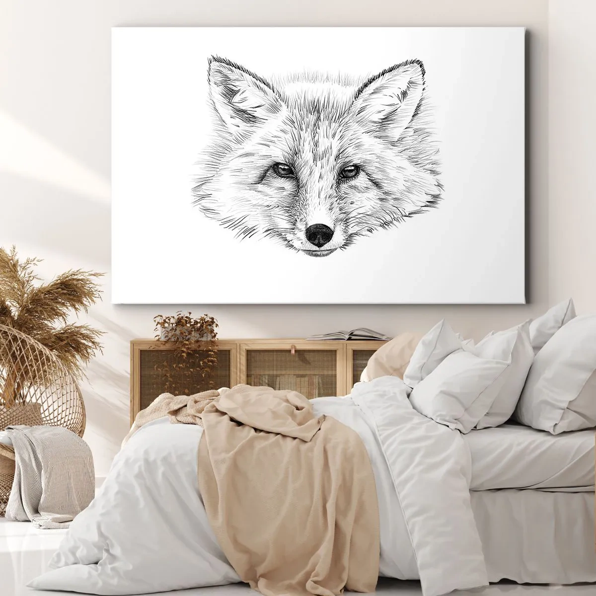 Impression sur toile - Image sur toile - Dessin en noir et blanc d'une tête de renard sur fond blanc - 70x50cm - Ces yeux peuvent-ils mentir ? - Décoration murale moderne pour le salon et la chambre ARTTOR