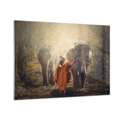 Impression sur verre - Image sur verre - Un moine avec deux éléphants dans un décor forestier - 100x70cm - Compréhension totale - Décoration murale moderne pour le salon et la chambre ARTTOR