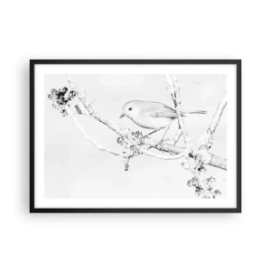 Affiche dans un cadre noir - Poster - Oiseau sur une branche en noir et blanc avec un style minimaliste - 70x50cm - Matin d'hiver - Décoration murale moderne pour le salon et la chambre ARTTOR