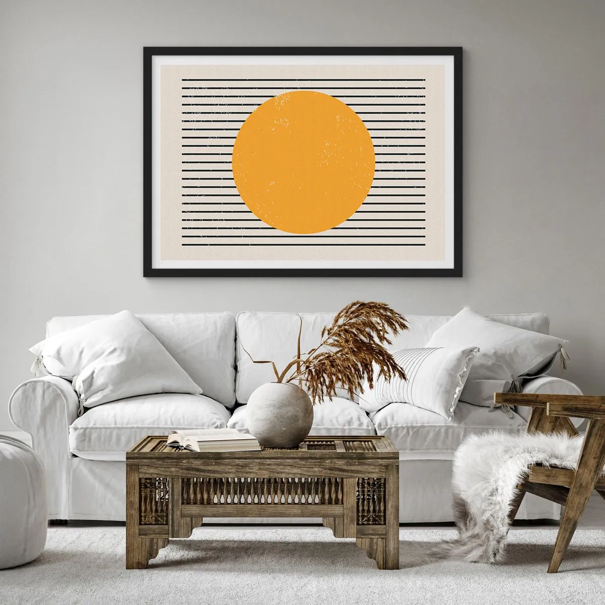 Affiche dans un cadre noir - Poster - Un cercle jaune sur un fond de lignes horizontales noires et blanches - 70x50cm - Le pouvoir de la simplicité - Décoration murale moderne pour le salon et la chambre ARTTOR