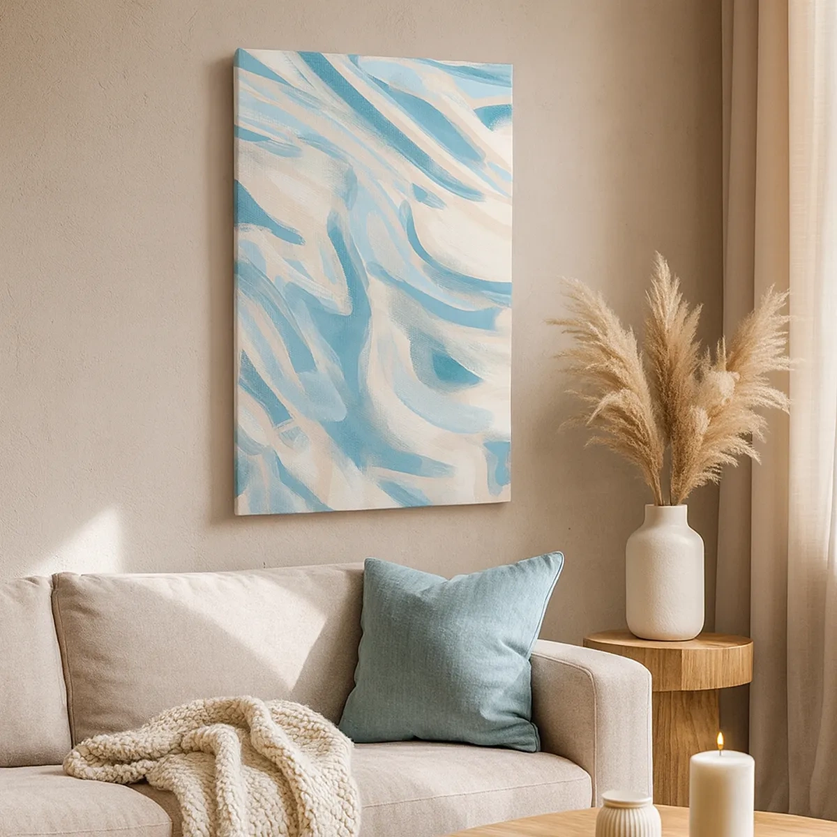 Impression sur toile - Image sur toile - Des stries bleues abstraites sur un fond clair - 50x70cm - Brise printanière - Décoration murale moderne pour le salon et la chambre ARTTOR