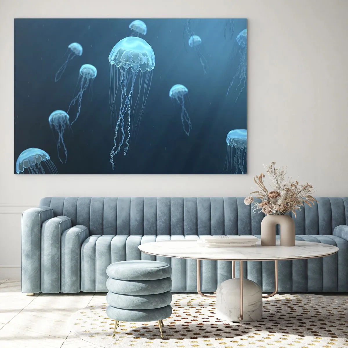 Impression sur verre - Image sur verre - Méduses flottant dans l'océan bleu profond - 70x50cm - Danse océanique - Décoration murale moderne pour le salon et la chambre ARTTOR
