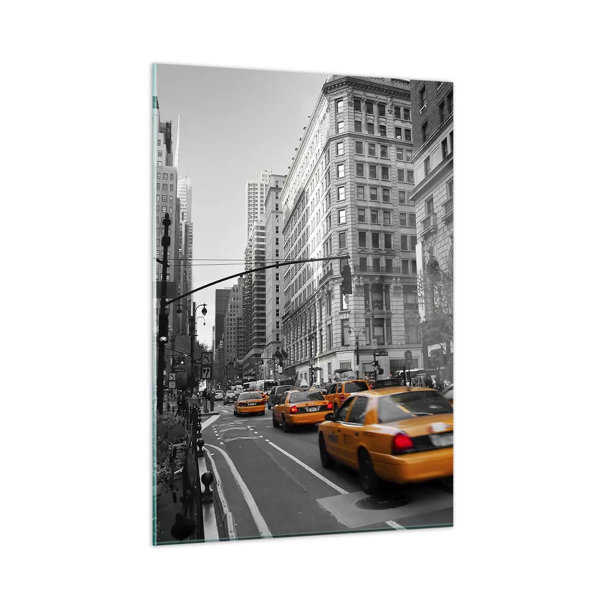Impression sur verre - Image sur verre - Taxis jaunes dans les rues de la ville dans un décor noir et blanc - 50x70cm - Soleil des grandes villes - Décoration murale moderne pour le salon et la chambre ARTTOR