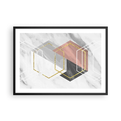 Affiche dans un cadre noir - Poster - Figures géométriques avec des accents d'or et de marbre - 70x50cm - Composition en chaîne - Décoration murale moderne pour le salon et la chambre ARTTOR