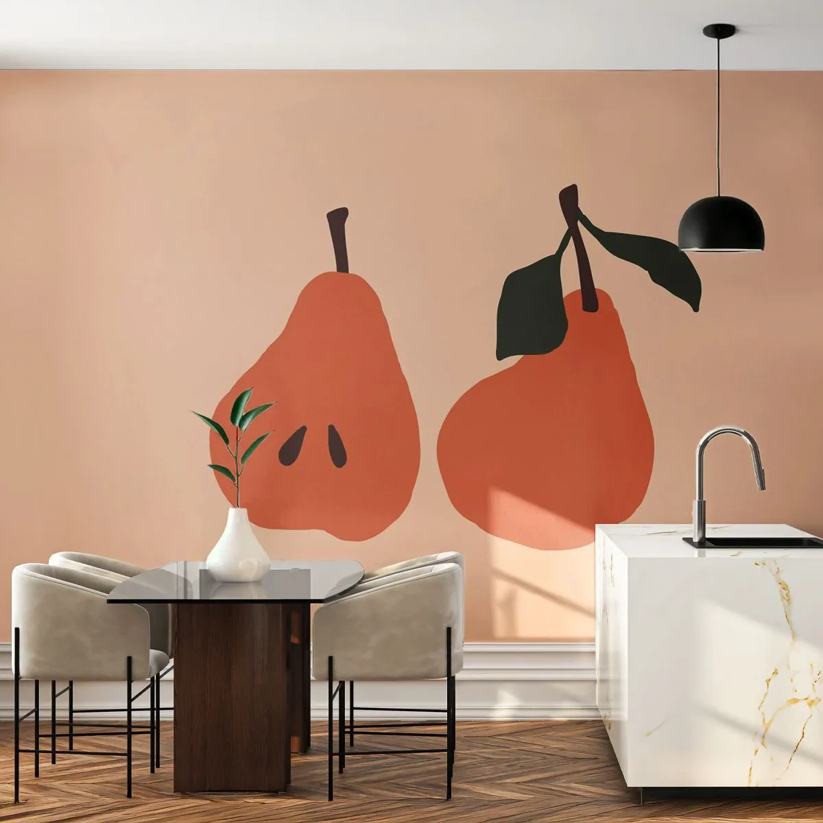Papier Peint Photo Premium Sand - Une illustration minimaliste de deux poires sur fond beige. - 100x70cm - La douceur elle-même - Décoration murale moderne pour le salon et la chambre ARTTOR
