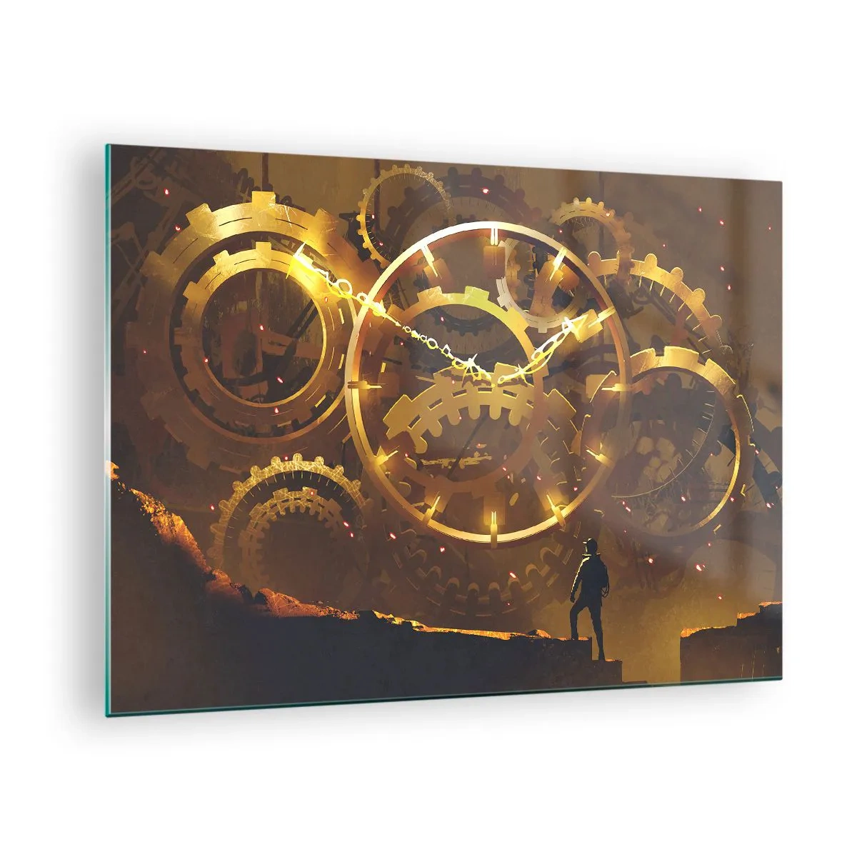 Impression sur verre - Image sur verre - Engrenages steampunk dorés avec rétroéclairage sur une silhouette humaine - 70x50cm - À la source du temps - Décoration murale moderne pour le salon et la chambre ARTTOR