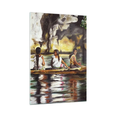 Impression sur verre - Image sur verre - Femmes dans un bateau sur une rivière calme avec un arrière-plan pittoresque - 80x120cm - Dans un paradis polynésien - Décoration murale moderne pour le salon et la chambre ARTTOR