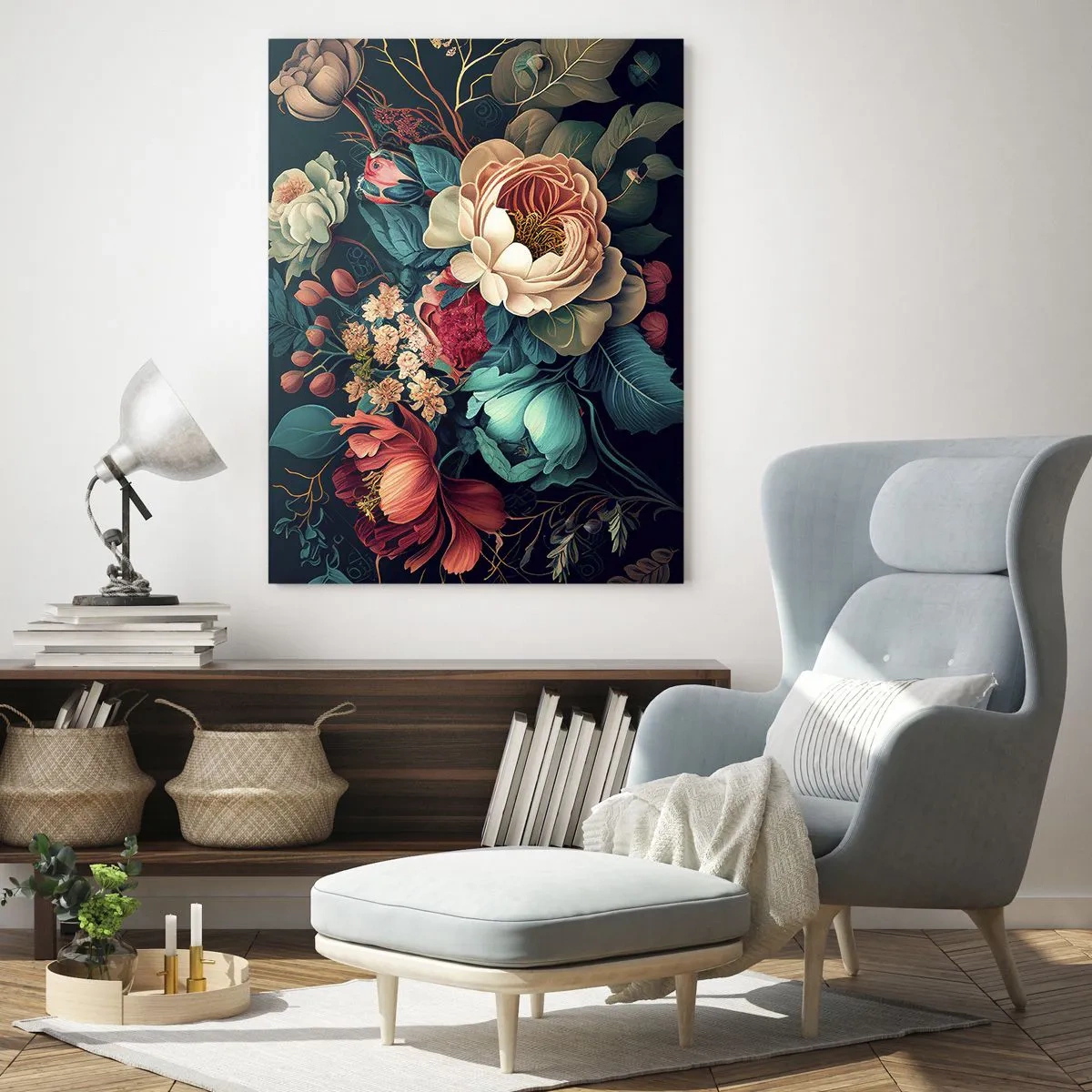 Impression sur verre - Image sur verre - Une composition colorée de fleurs sur un fond sombre - 70x100cm - le charme du 19ème siècle - Décoration murale moderne pour le salon et la chambre ARTTOR