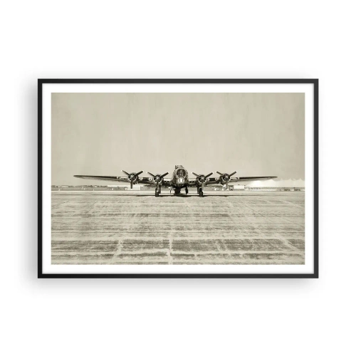 Affiche dans un cadre noir - Poster - Avion historique à l'aéroport en sépia - 100x70cm - Toujours prêt! - Décoration murale moderne pour le salon et la chambre ARTTOR