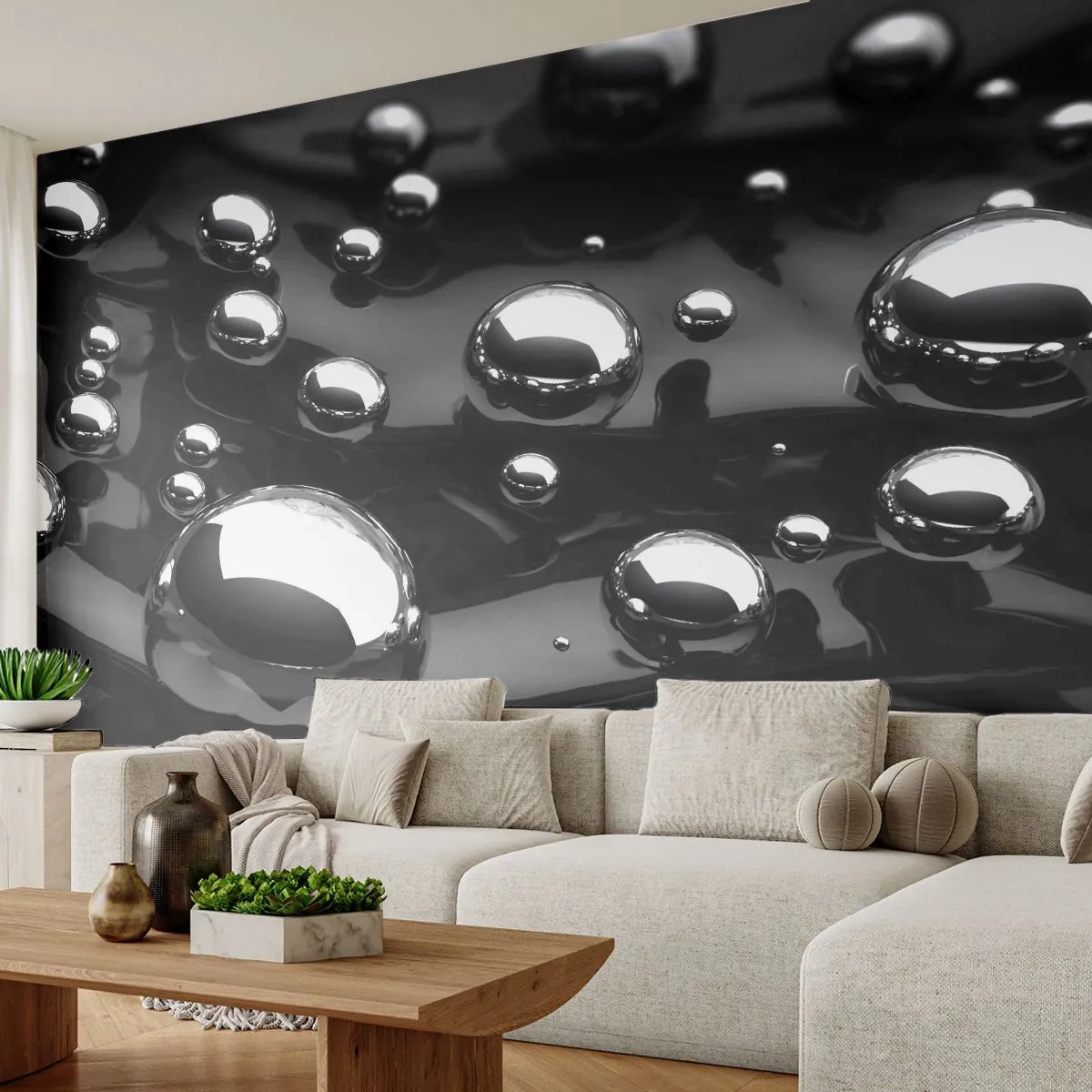 Papier Peint Autocollant Deluxe Sticker - D'un ton noir - Abstraction, Boules chromées, 3D - 250x175 cm