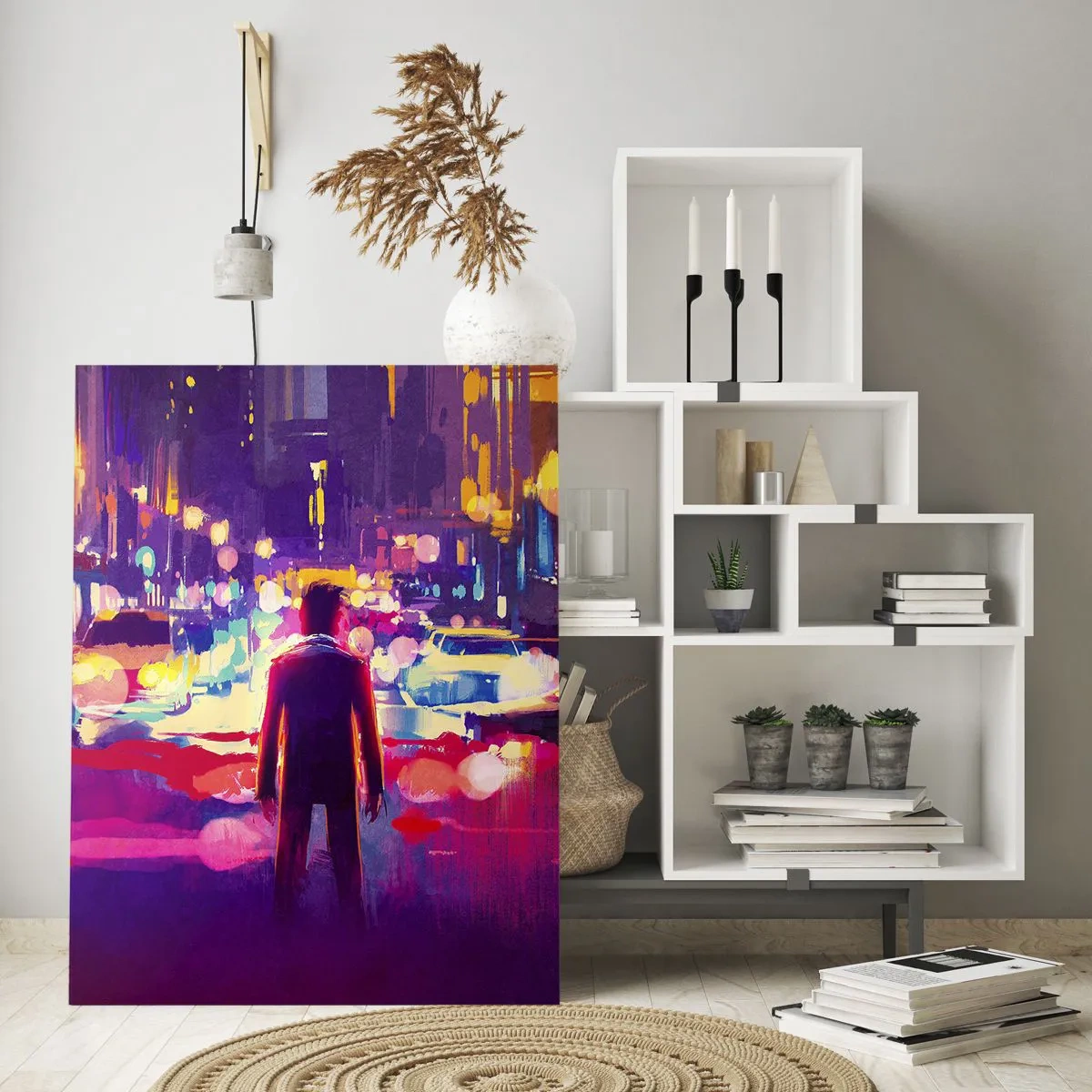 Impression sur verre - Image sur verre - Une silhouette dans une veilleuse urbaine colorée et futuriste - 50x70cm - Immergé dans la lumière - Décoration murale moderne pour le salon et la chambre ARTTOR