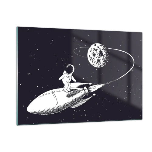 Impression sur verre - Image sur verre - Astronaute de dessin animé surfant dans l'espace sur une fusée - 120x80cm - Surfeur de l'espace - Décoration murale moderne pour le salon et la chambre ARTTOR