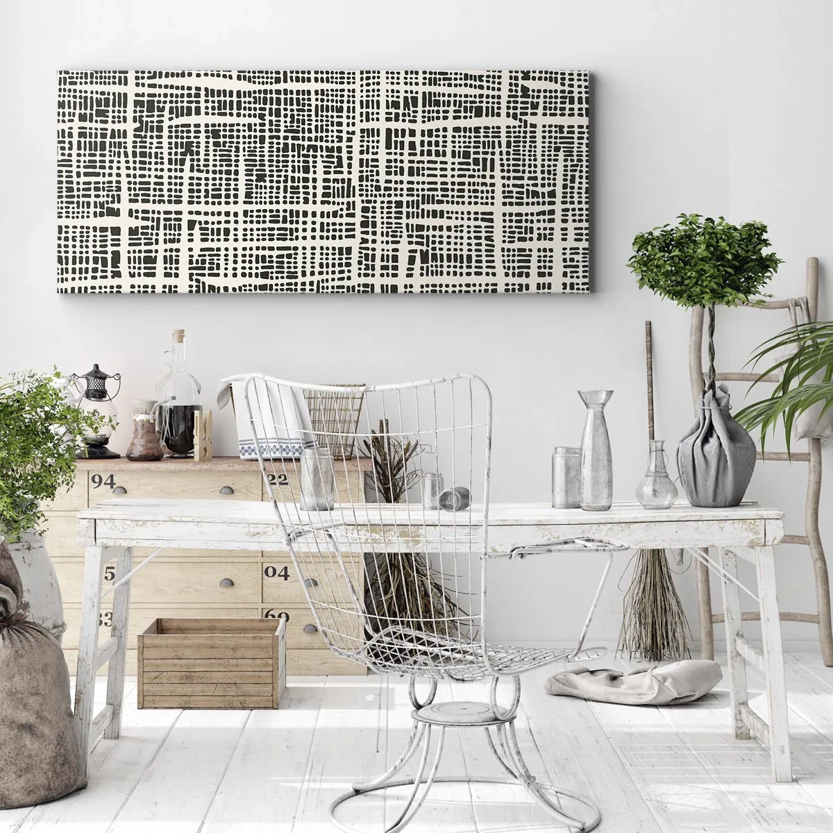 Impression sur toile - Image sur toile - Un motif géométrique ressemblant à une grille sur un fond clair - 120x50cm - Composition tissée - Décoration murale moderne pour le salon et la chambre ARTTOR