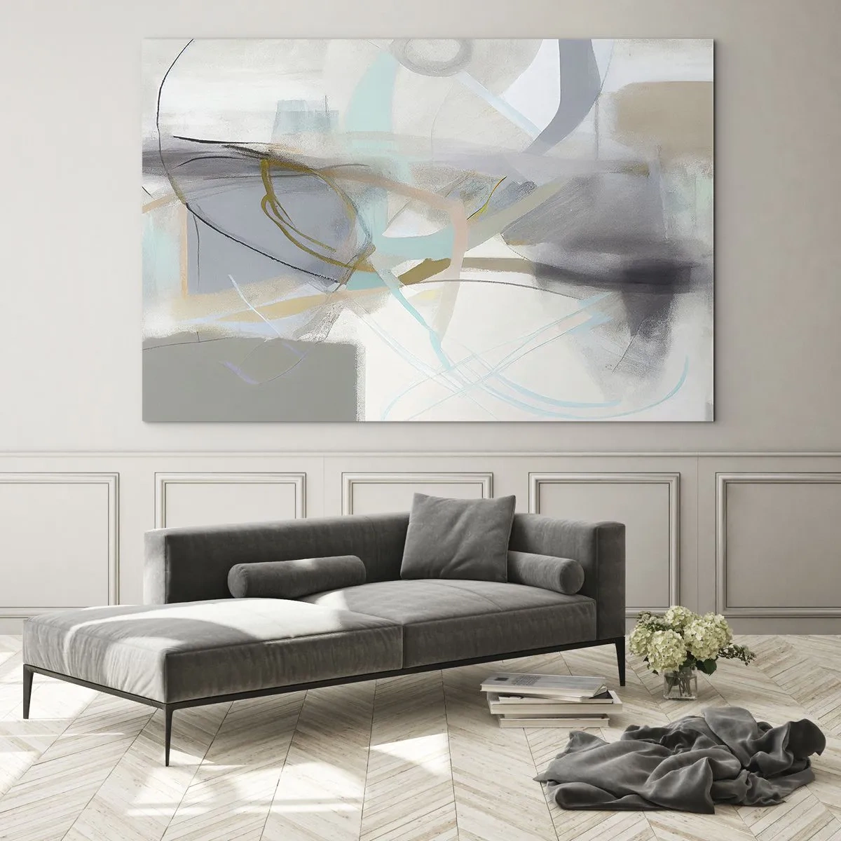 Impression sur verre - Image sur verre - Une abstraction brumeuse avec des accents pastel et graphite. - 70x50cm - Abstraction brumeuse - Décoration murale moderne pour le salon et la chambre ARTTOR