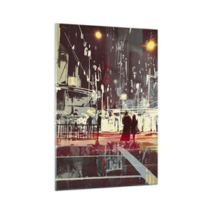 Impression sur verre - Image sur verre - Ville la nuit avec des néons et des silhouettes de personnes dans la rue - 70x100cm - Une grande traversée de ville - Décoration murale moderne pour le salon et la chambre ARTTOR