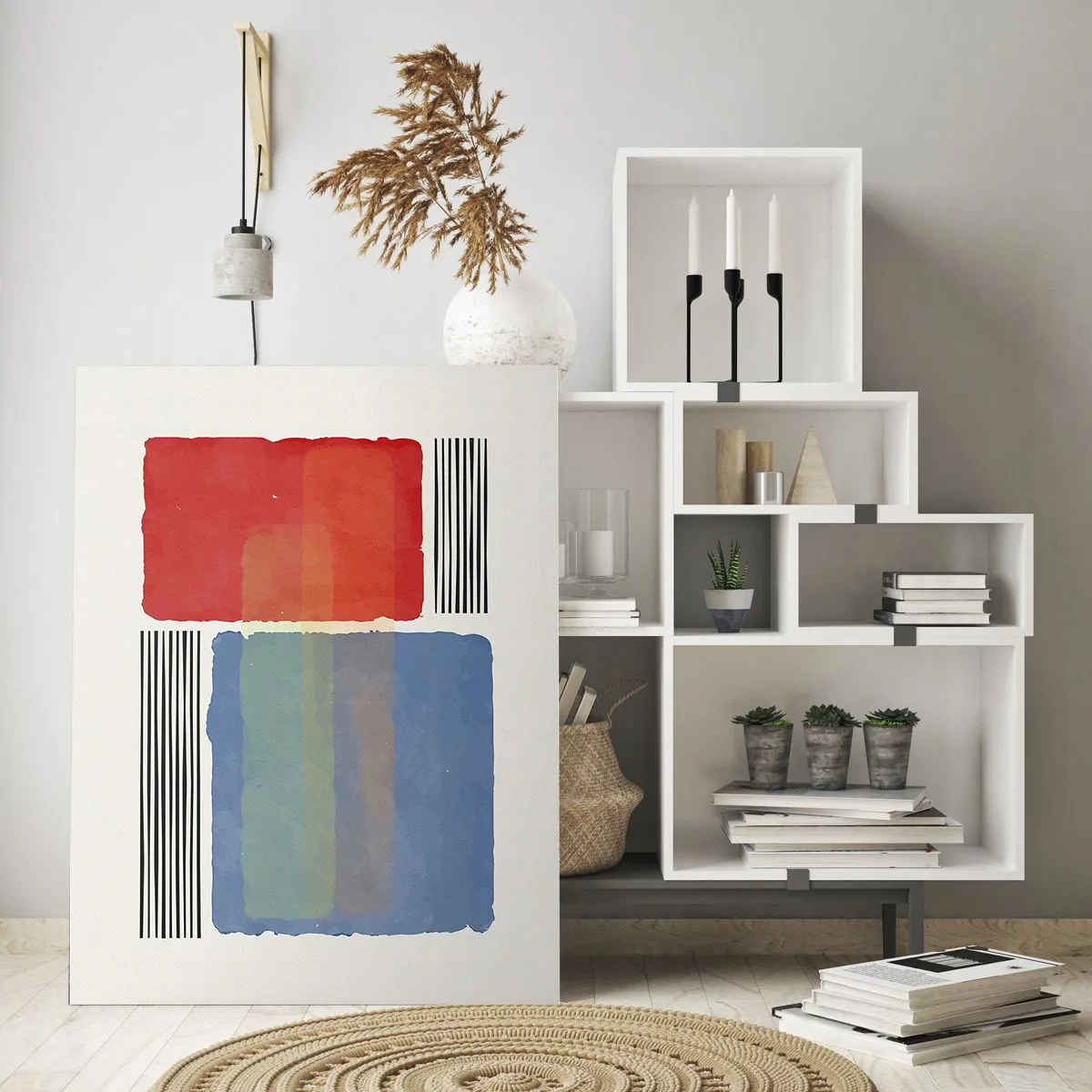 Impression sur verre - Image sur verre - Composition géométrique avec des blocs et des lignes colorés - 70x100cm - Esprit et lettre de la géométrie - Décoration murale moderne pour le salon et la chambre ARTTOR