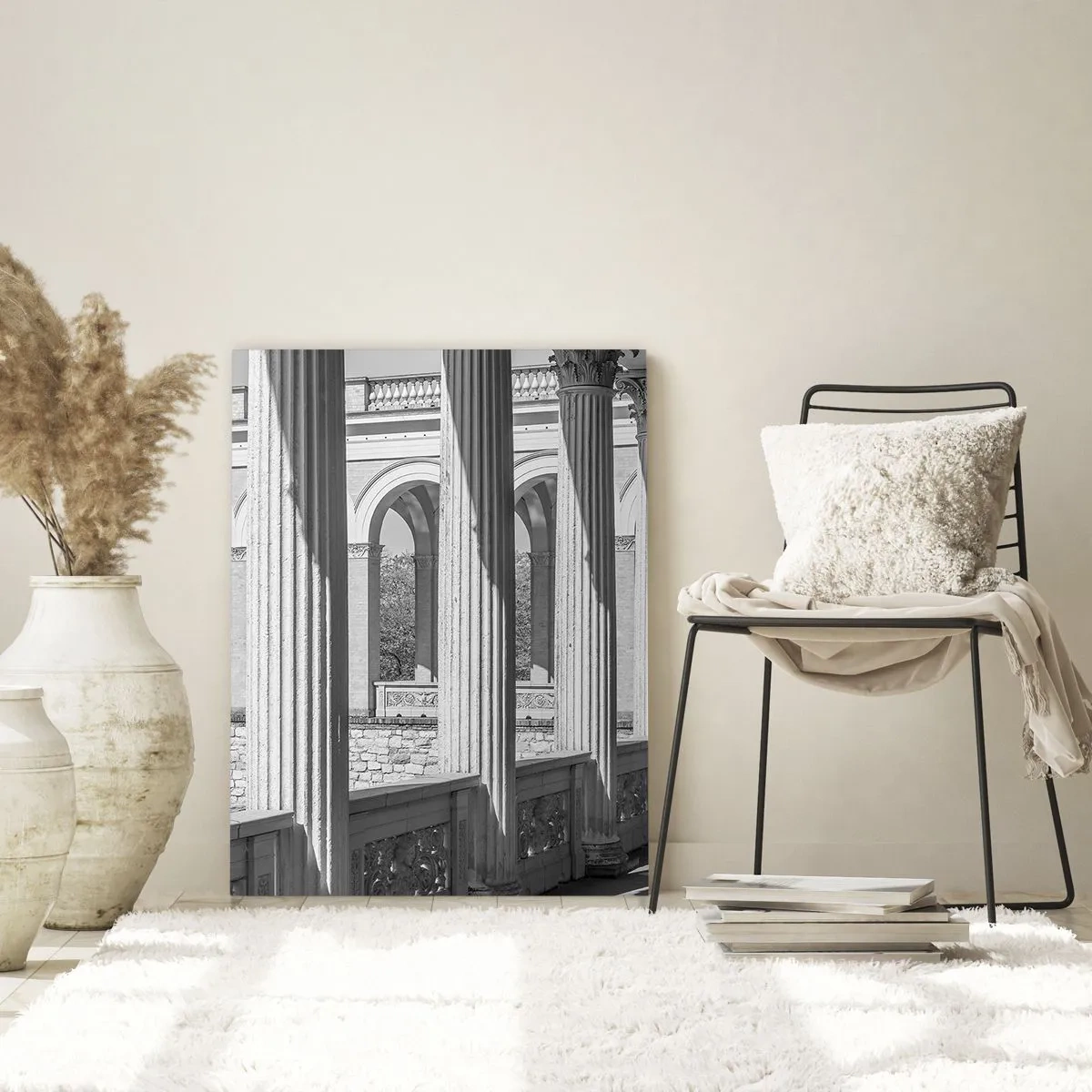 Impression sur verre - Image sur verre - Une colonnade en noir et blanc avec un jeu rythmique d'ombre et de lumière - 50x70cm - Arcade ensoleillée - Décoration murale moderne pour le salon et la chambre ARTTOR