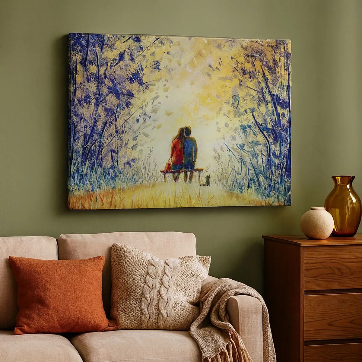 Impression sur toile - Image sur toile - Un couple assis sur un banc parmi les arbres d'automne au soleil - 70x50cm - Moment magique - Décoration murale moderne pour le salon et la chambre ARTTOR