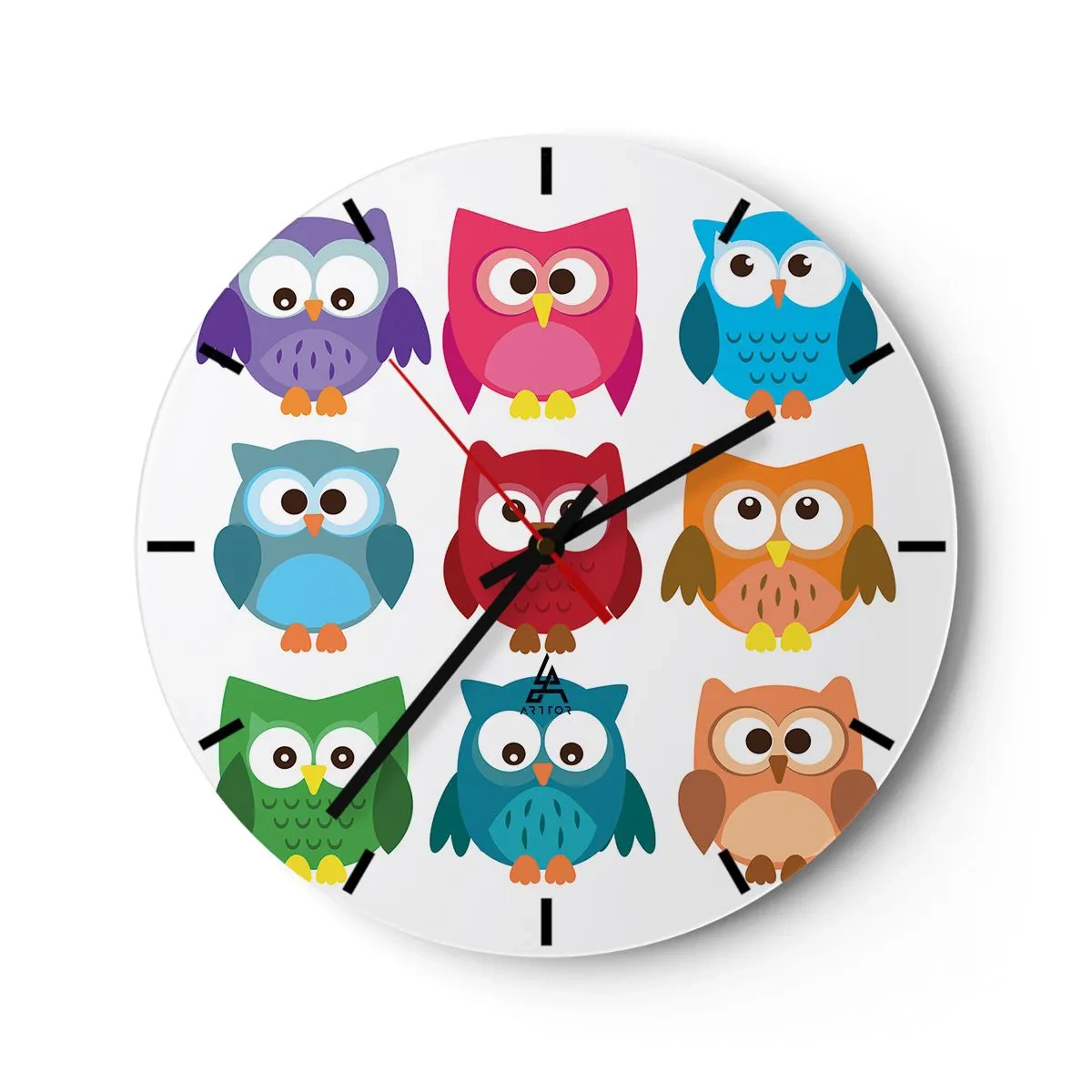 Horloge murale - Pendule murale - Hiboux colorés sur fond blanc dans un style moderne - 30x30cm - C'est amusant d'être différent - Décoration murale moderne pour le salon, la cuisine et la chambre ARTTOR