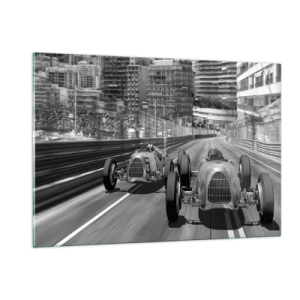 Impression sur verre - Image sur verre - Course automobile historique en noir et blanc - 120x80cm - Il y a longtemps à Monté Carlo - Décoration murale moderne pour le salon et la chambre ARTTOR