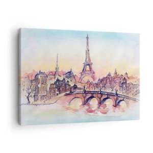 Impression sur toile - Image sur toile - Panorama aquarelle de Paris avec la Tour Eiffel au coucher du soleil - 70x50cm - La seule ville de ce type au monde - Décoration murale moderne pour le salon et la chambre ARTTOR
