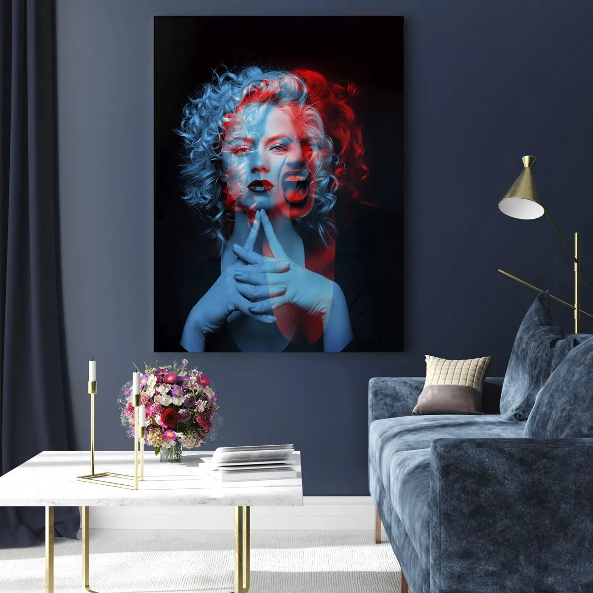 Impression sur verre - Image sur verre - Double portrait de femme en rouge et bleu - 70x100cm - Alter ego - Décoration murale moderne pour le salon et la chambre ARTTOR