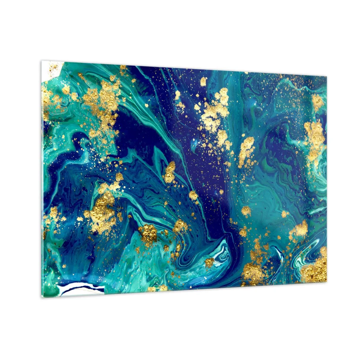 Impression sur verre - Image sur verre - Un motif abstrait dans des tons turquoise et bleu marine avec des accents dorés - 100x70cm - Les pétales du soleil - Décoration murale moderne pour le salon et la chambre ARTTOR