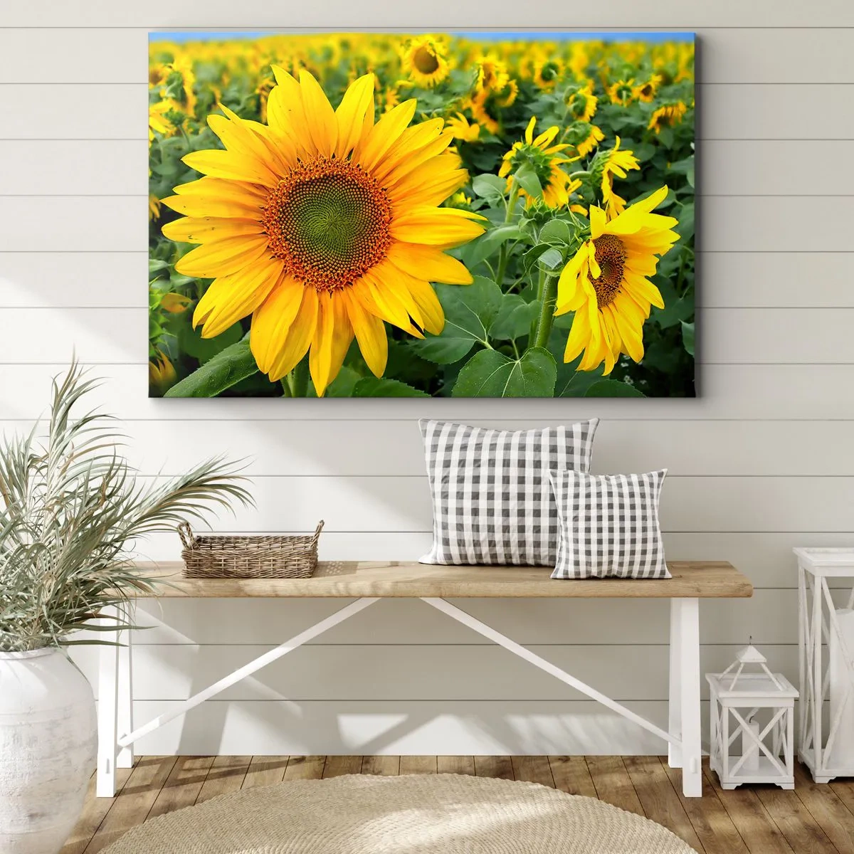 Impression sur toile - Image sur toile - Un champ de tournesols aux fleurs jaunes sur fond de feuilles vertes - 100x70cm - Des centaines de soleils se sont embrasés - Décoration murale moderne pour le salon et la chambre ARTTOR