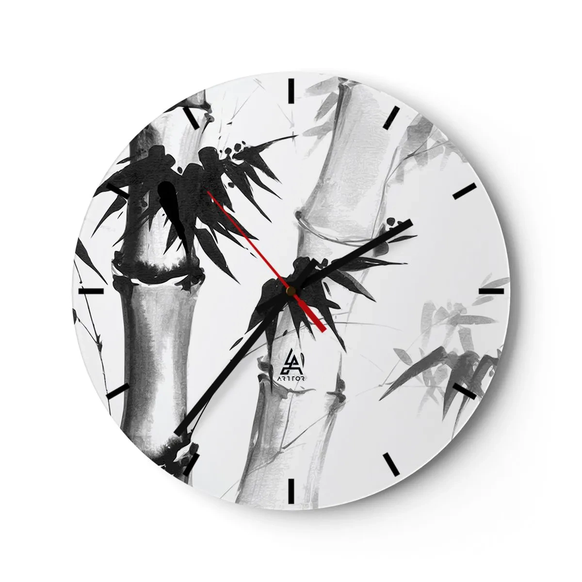 Horloge murale - Pendule murale - Bambous peints en noir et blanc sur fond blanc - 30x30cm - Gros plan sur l'orient - Décoration murale moderne pour le salon, la cuisine et la chambre ARTTOR