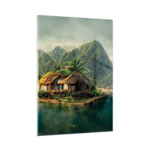 Impression sur verre - Image sur verre - Un village tropical au bord de l'eau entouré de montagnes et de palmiers - 50x70cm - Paradis tropical - Décoration murale moderne pour le salon et la chambre ARTTOR