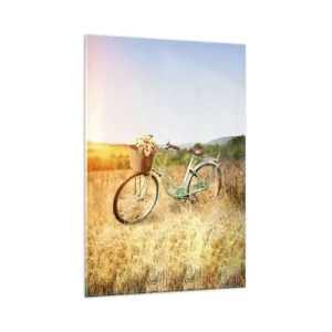 Impression sur verre - Image sur verre - Un vélo rétro avec un panier rempli de fleurs sur fond de prairie. - 80x120cm - Je vais rester un petit moment - Décoration murale moderne pour le salon et la chambre ARTTOR