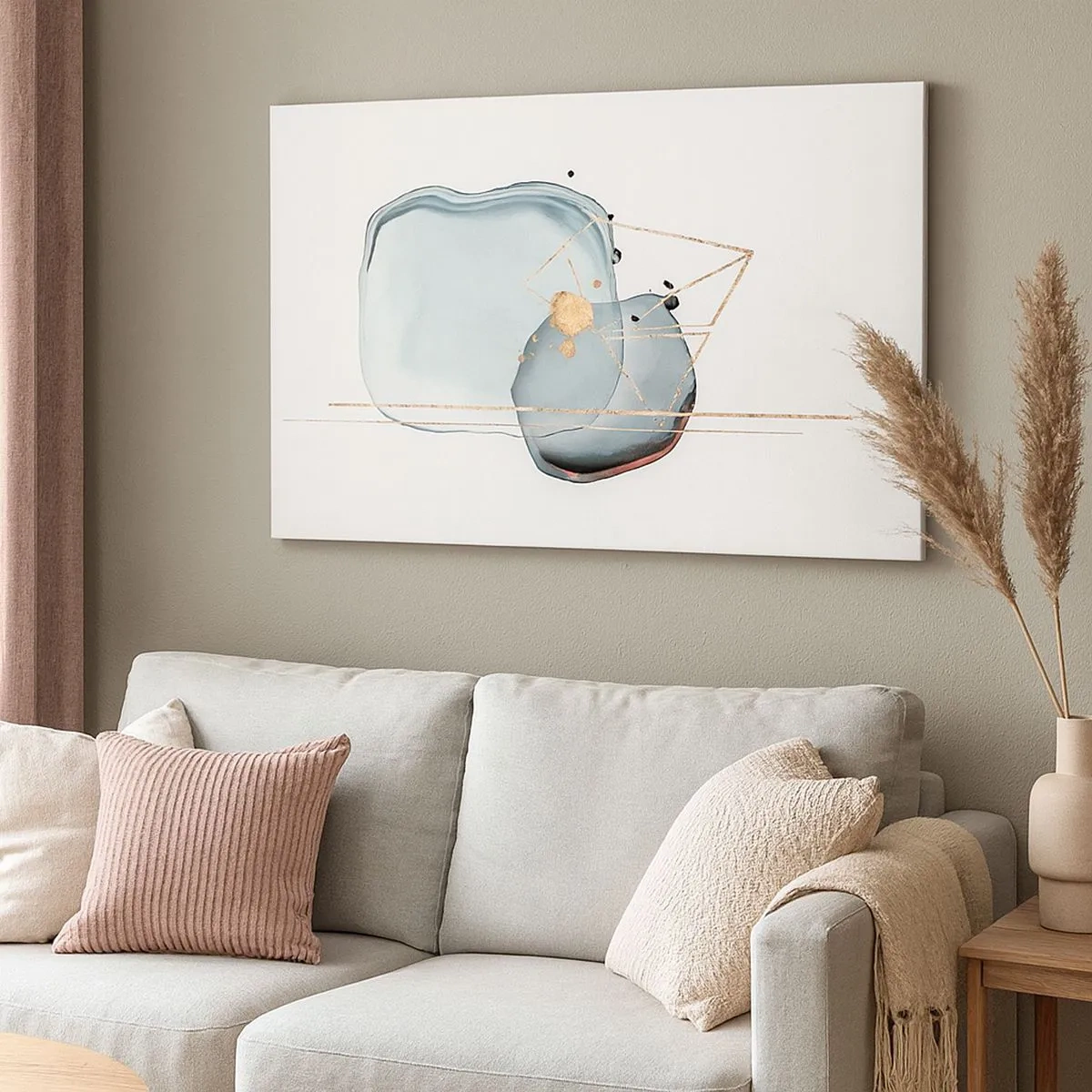 Impression sur toile - Image sur toile - Formes abstraites dans des tons de bleu et d'or sur fond blanc - 70x50cm - Etude des gouttes - Décoration murale moderne pour le salon et la chambre ARTTOR