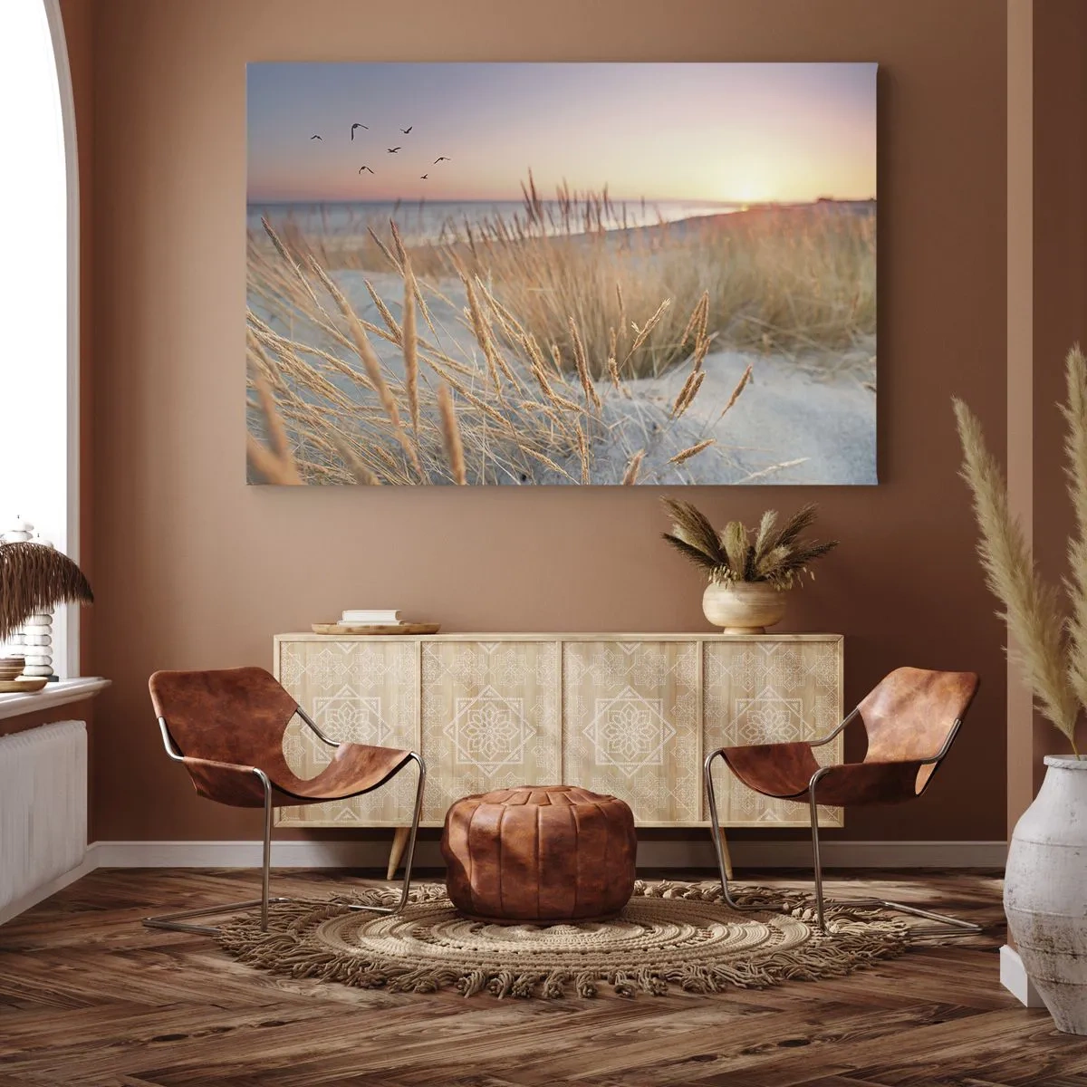 Impression sur toile - Image sur toile - Plage au coucher du soleil avec de hautes herbes - 120x80cm - Berceuse baltique - Décoration murale moderne pour le salon et la chambre ARTTOR