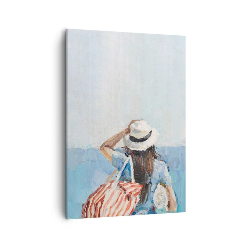 Impression sur toile - Image sur toile - Une femme avec un chapeau contre la mer bleue - 50x70cm - Bienvenue à vos vacances - Décoration murale moderne pour le salon et la chambre ARTTOR