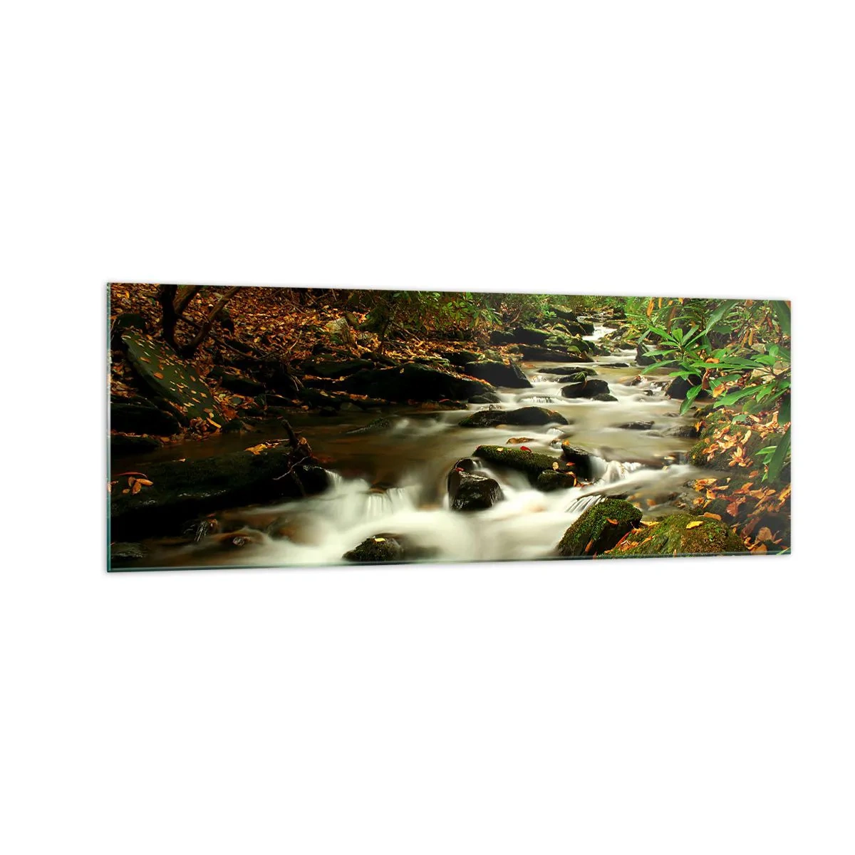 Impression sur verre - Image sur verre - Un ruisseau forestier coulant entre des pierres entourées de verdure - 140x50cm - Comme de l'argent liquide - Décoration murale moderne pour le salon et la chambre ARTTOR
