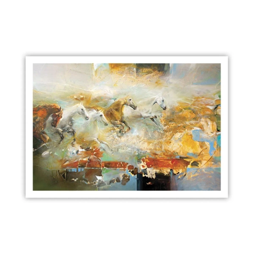 Affiche - Poster - Des chevaux artistiques dans un cadre dynamique et coloré - 100x70cm - Au galop vers la lumière - Décoration murale moderne pour le salon et la chambre ARTTOR