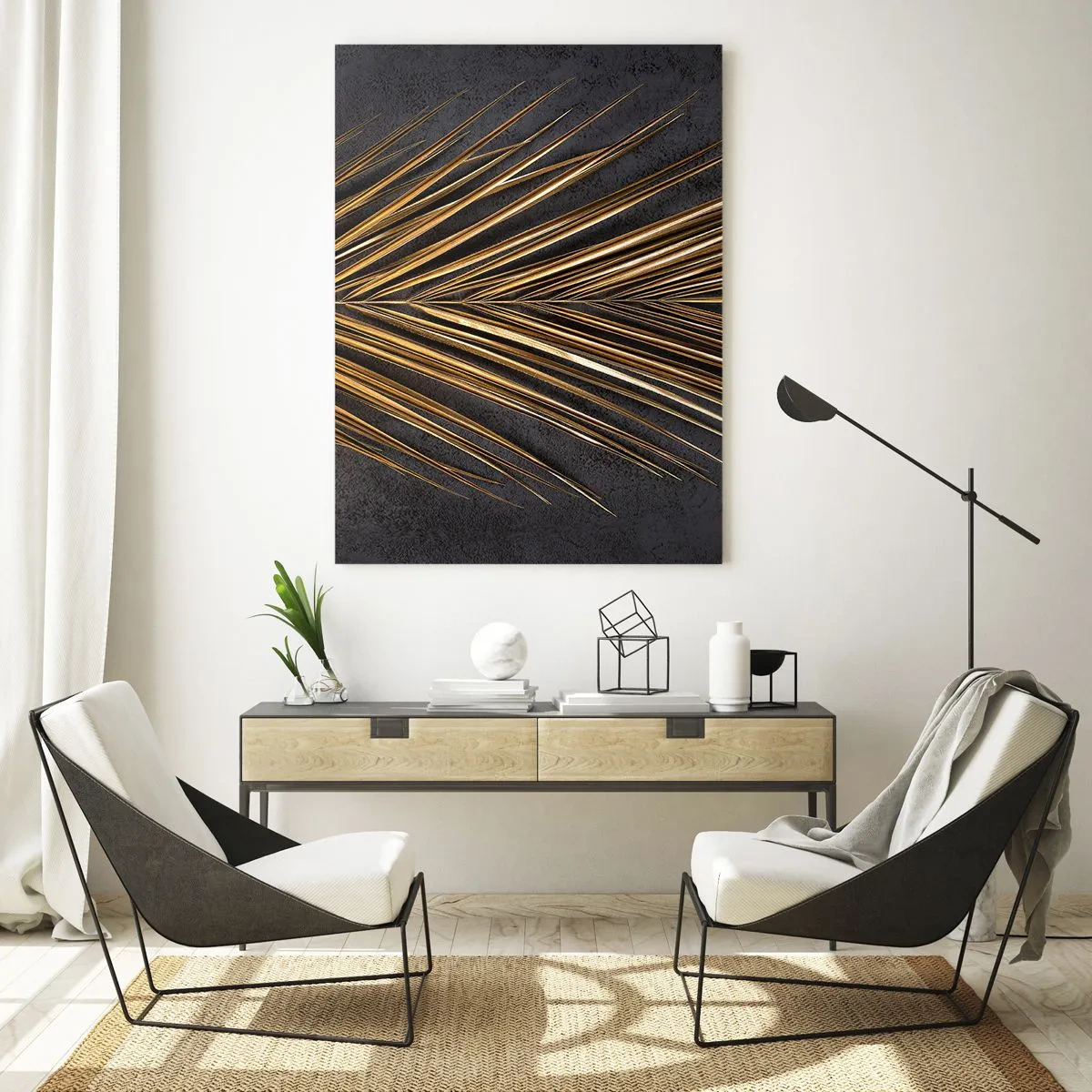 Impression sur verre - Image sur verre - Feuille de palmier dorée sur fond sombre - 50x70cm - L'or des tropiques - Décoration murale moderne pour le salon et la chambre ARTTOR