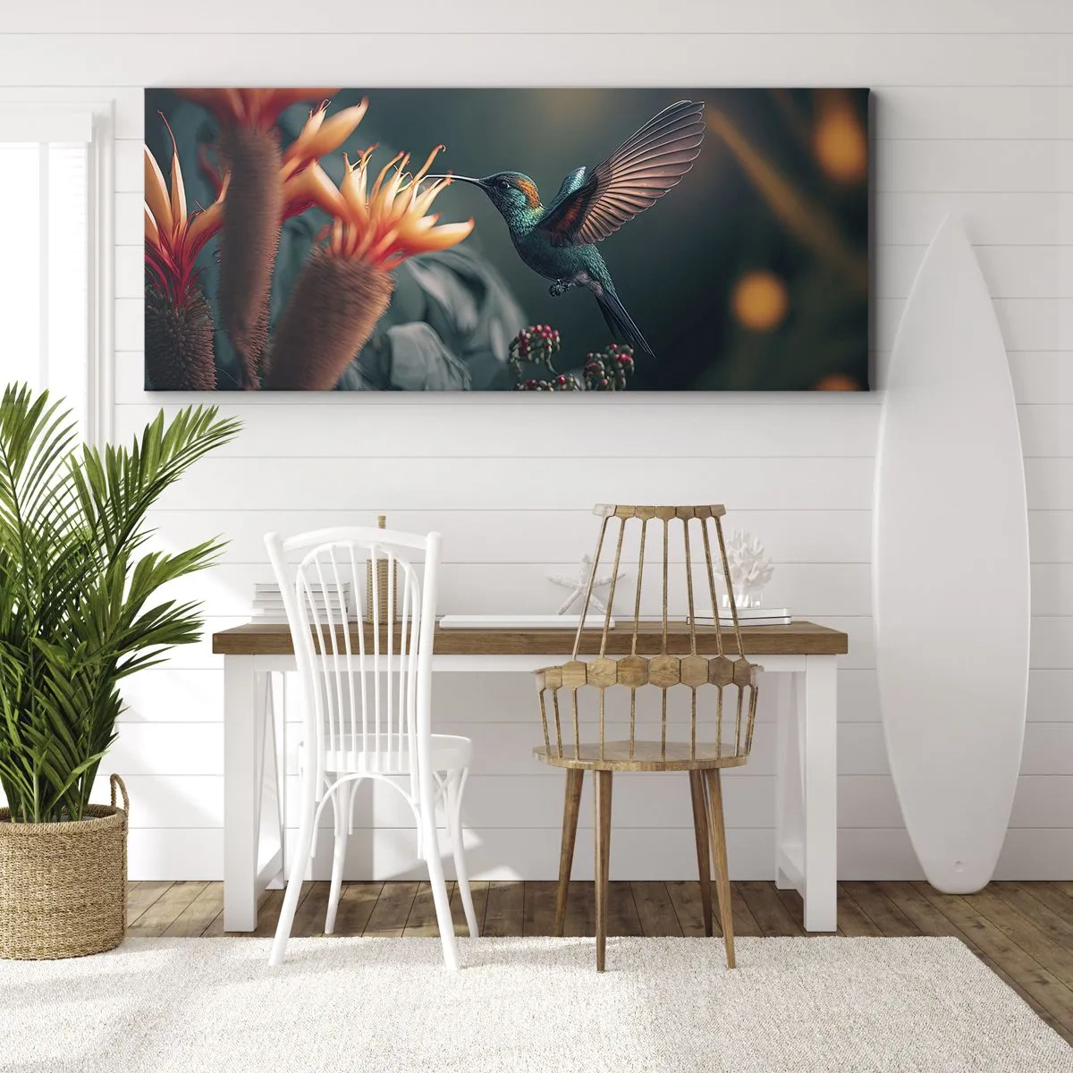 Impression sur toile - Image sur toile - Un colibri coloré parmi des fleurs sur un fond naturel - 160x50cm - une vie vraiment colorée - Décoration murale moderne pour le salon et la chambre ARTTOR