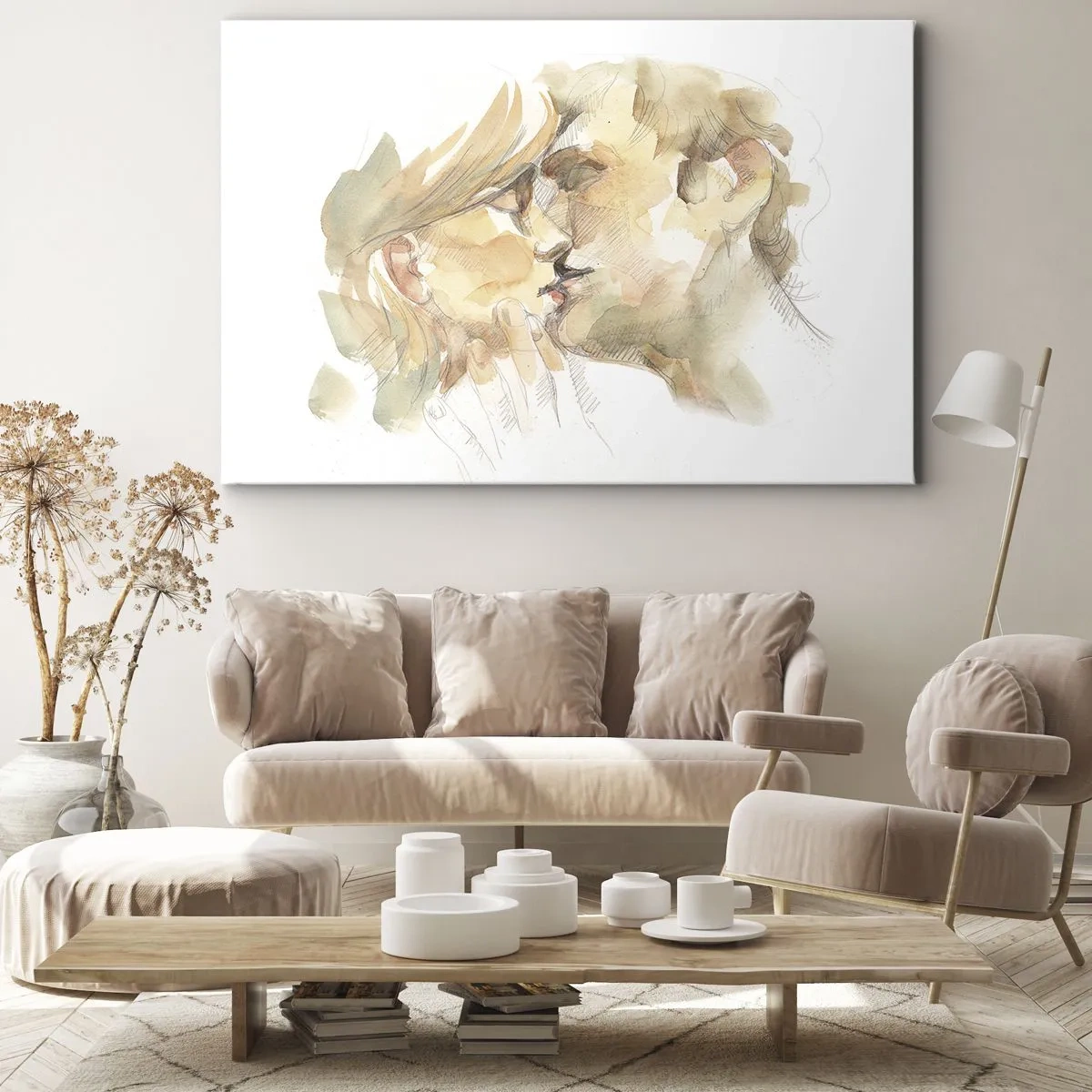 Impression sur toile - Image sur toile - Portrait romantique à l'aquarelle d'un couple s'embrassant - 70x50cm - A moitié trouvé ? - Décoration murale moderne pour le salon et la chambre ARTTOR