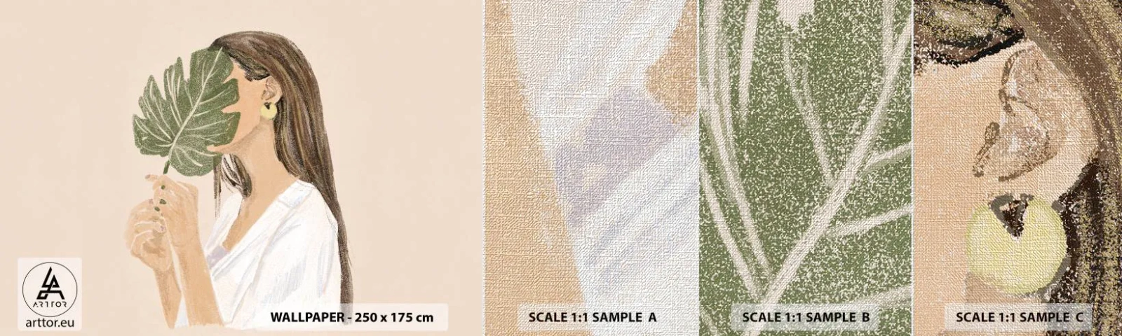 Échantillon de Papier Peint Premium Canvas - Portrait mystérieux avec un éventail - Feuille, Femme, Bohème - 100x30 cm