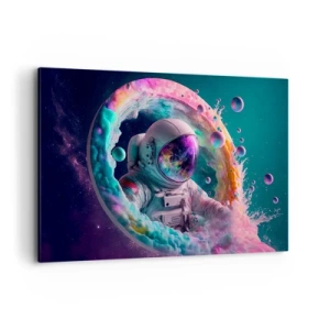Impression sur toile - Image sur toile - Astronaute dans une aura cosmique colorée - 120x80cm - porte des étoiles - Décoration murale moderne pour le salon et la chambre ARTTOR