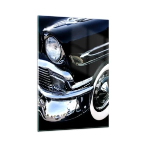 Impression sur verre - Image sur verre - Gros plan du phare et du garde-boue d'une voiture classique noire - 80x120cm - Classique en argent, noir et blanc - Décoration murale moderne pour le salon et la chambre ARTTOR
