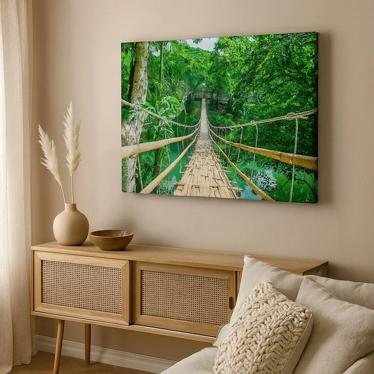 Impression sur toile - Image sur toile - Un pont suspendu en bambou entouré de verdure - 70x50cm - Pont de singe en pleine nature - Décoration murale moderne pour le salon et la chambre ARTTOR
