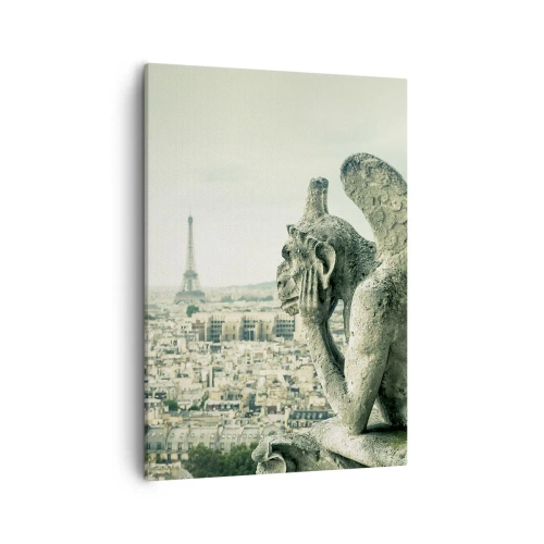 Impression sur toile - Image sur toile - Gargouilles surplombant les toits de Paris et la Tour Eiffel - 50x70cm - Bavardage parisien - Décoration murale moderne pour le salon et la chambre ARTTOR