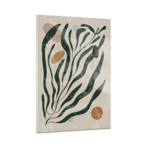 Impression sur verre - Image sur verre - Formes organiques en vert sur fond beige - 50x70cm - Parmi la verdure - Décoration murale moderne pour le salon et la chambre ARTTOR