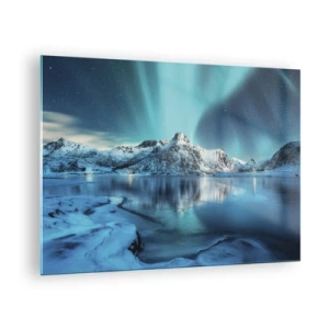 Impression sur verre - Image sur verre - Aurore boréale au-dessus des montagnes enneigées - 70x50cm - Nuit de lumières - Décoration murale moderne pour le salon et la chambre ARTTOR
